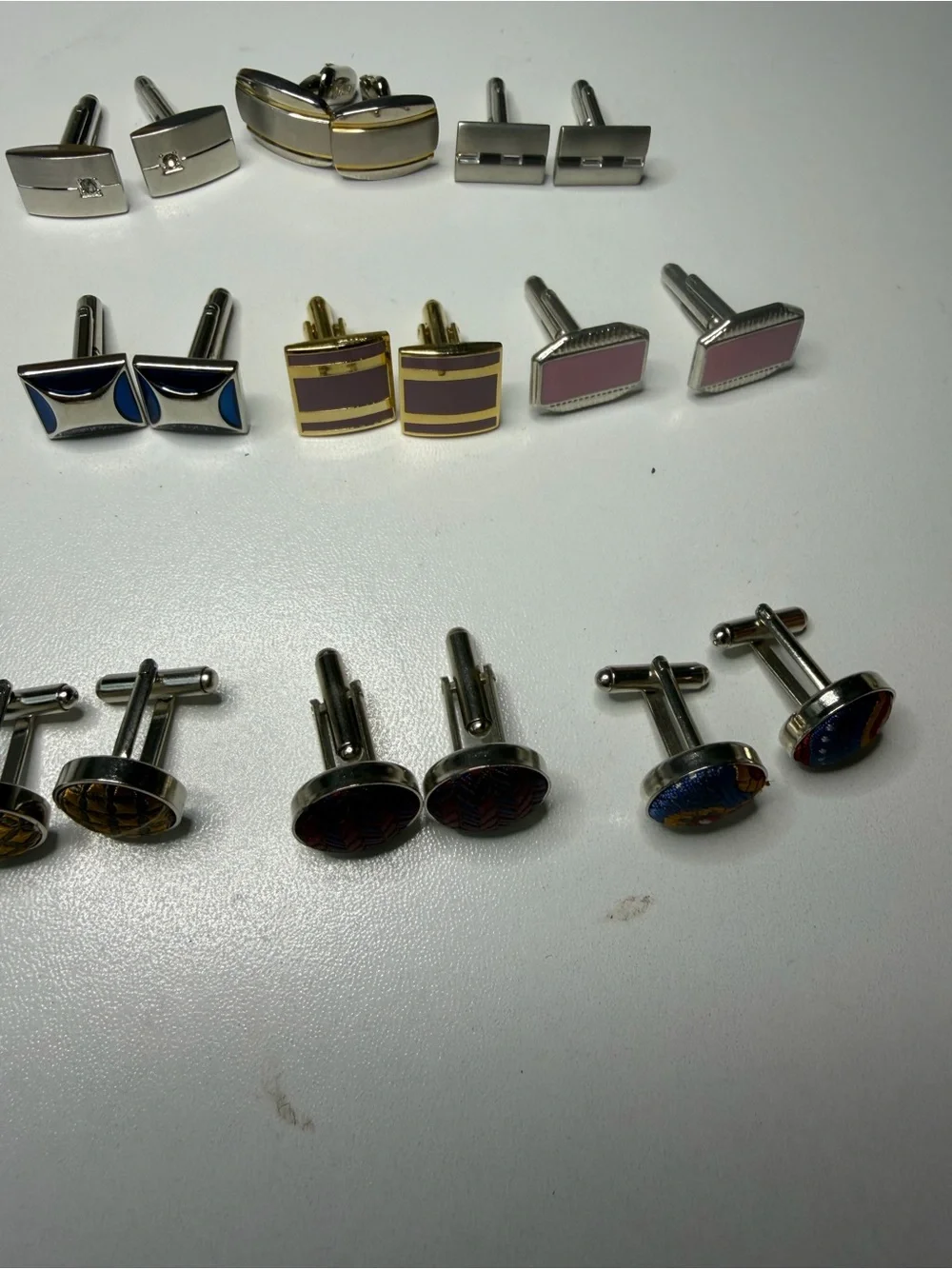 Mixed Enamel and Metal Men's Cufflink Set - Pink, Blue, Gold, Silver